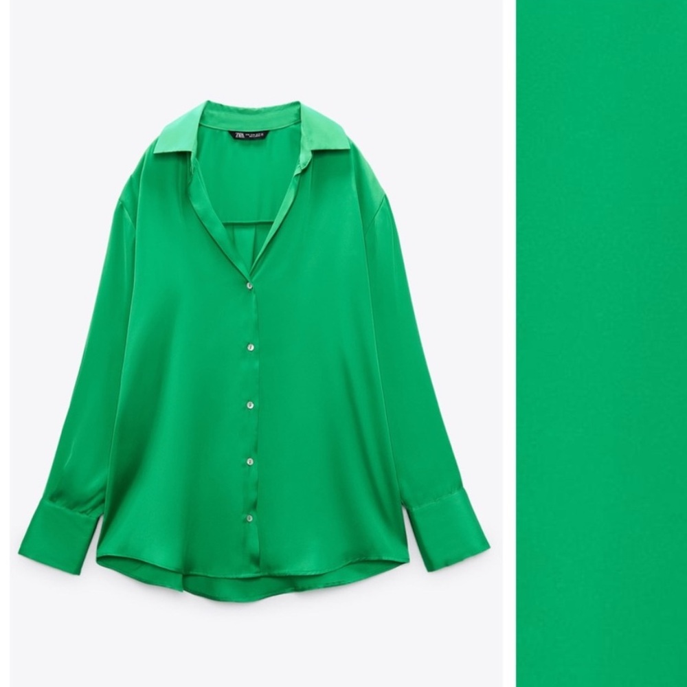 NWOT! Zara Green Satin Effect Shirt/Blouse, Size XS